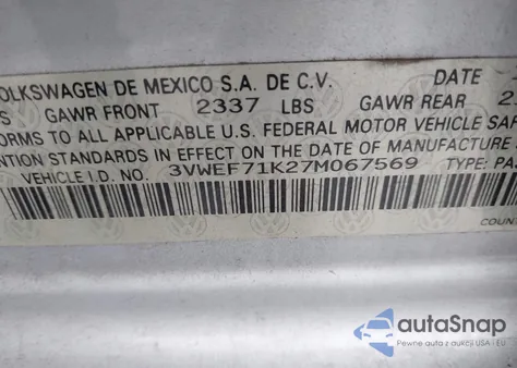 2007 Volkswagen Jetta Wolfsburg Edition из США, поврежденный, VIN 3VWEF71K27M067569